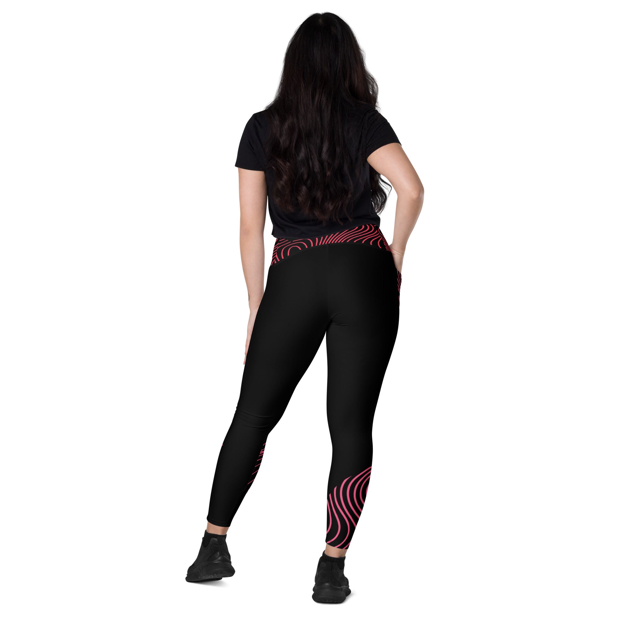 Black crossover leggings with pockets- activewear for gym girls. Fitness or yoga pants. RippleFX by WickedYo.